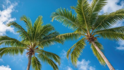 Tall palm trees against a clear blue sky with sparse white clouds in a tropical environment during daytime.