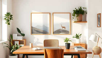 Fototapeta premium A modern home office with a natural aesthetic. A wooden desk with a laptop, plants, and stationery sits against a beige wall decorated with framed botanical posters and nature photography