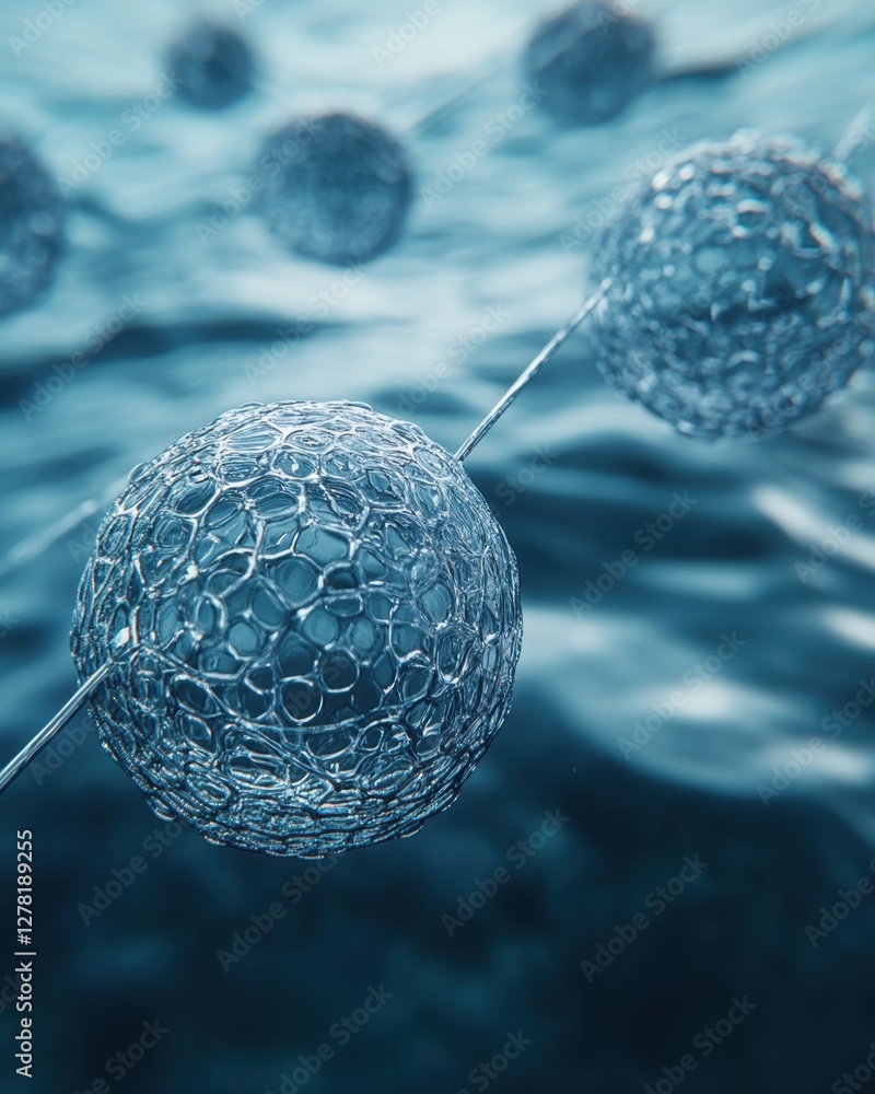 Poster abstract spherical structures connected by lines in a blue toned science and technology concept