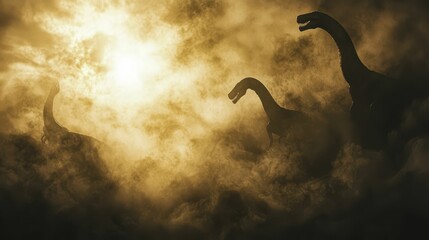 Obraz premium Misty Landscape with Silhouetted Dinosaurs Against a Golden Sky