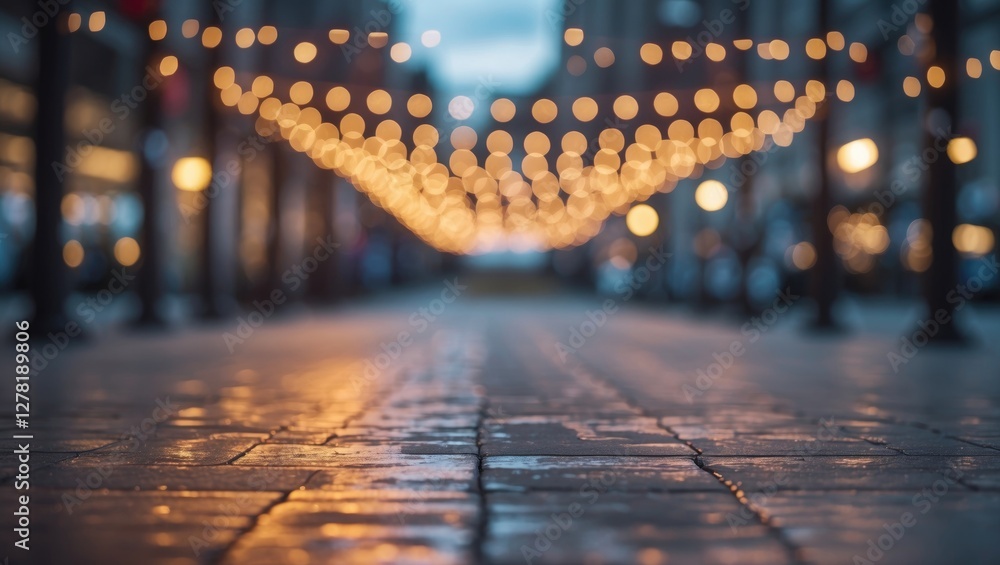 Poster urban street scene at dusk with bokeh lights and wet cobblestone pavement reflecting illumination fr