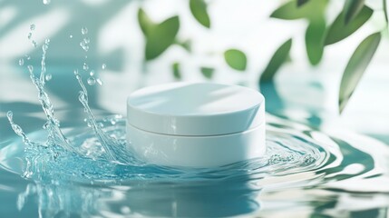 Contemporary beauty product scene, pristine white packaging, fluid blue water patterns, tranquil aquatic background, high-end studio photography, elegant motion blur, premium advertising style