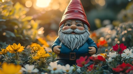 Naklejka premium A Magical and Tranquil Scene Featuring a Happy Garden Gnome in a Colorful Blooming Outdoor Environment