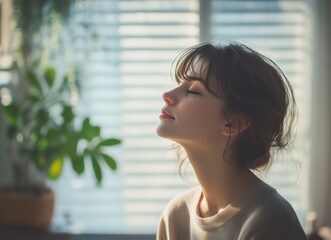 Cute woman breathing deeply in her cozy living room, embracing tranquility and comfort at home.
