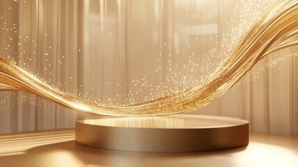 Premium exhibition podium, champagne-toned atmospheric backdrop, graceful golden wave elements, minimalist product stand, subtle sparkles, professional studio lighting, architectural visualization,