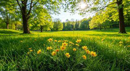 Sunny Meadow's Golden Blooms: Yellow Flowers in Verdant Grass, Sunlit Trees & Lens Flare, Cheerful Spring Scene, Lively Nature, Idyllic Field, Bright Woodland, Optimistic Landscape