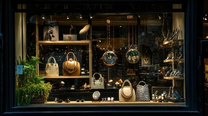 Elegant Boutique Window Display with Fashion Accessories and Handbags