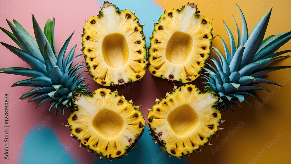 Poster sliced pineapples arranged on a colorful background with blue leaves creating a vibrant tropical com