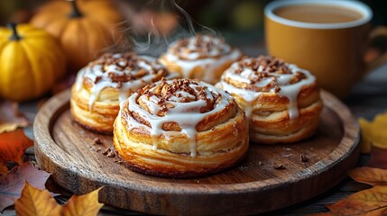 Delicious Cinnamon Rolls with Creamy Icing and Warm Caramel Latte on a Rustic Wooden Plate Surrounded by Autumn Leaves