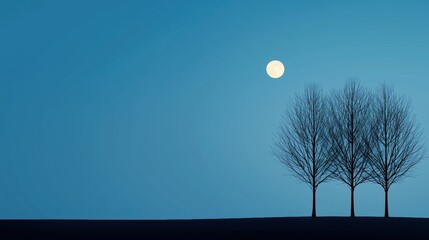 A serene night scene featuring three bare trees silhouetted against a bright moon and a clear blue sky.