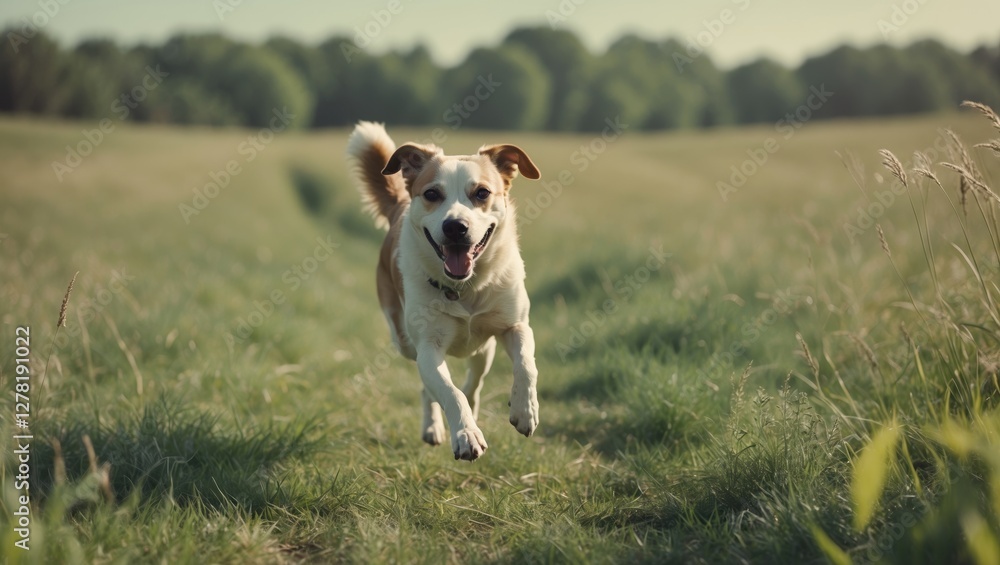 Poster happy dog running in a grassy field with trees in the background during daylight hours