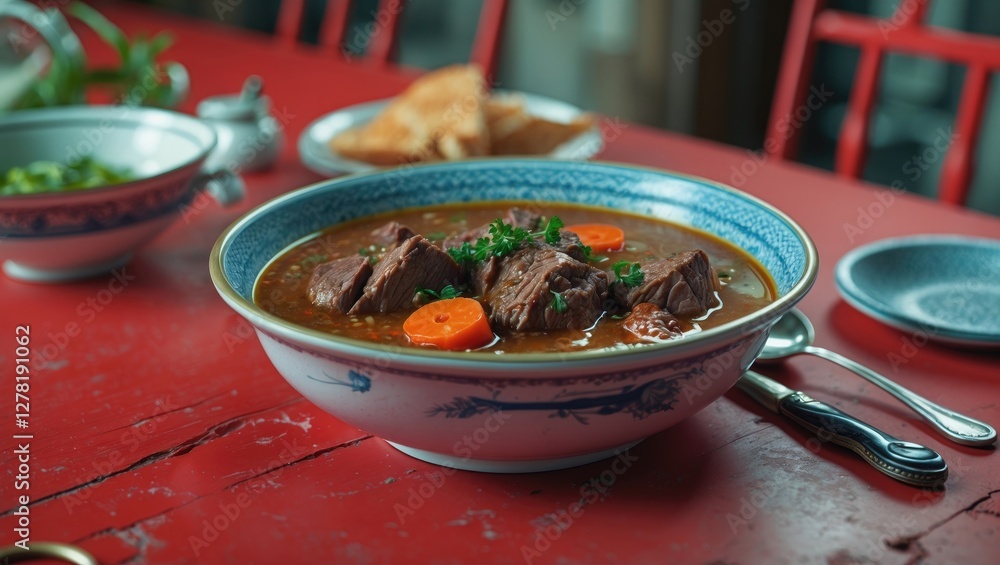 Aufkleber beef stew with carrots served in a decorative bowl on a red wooden table with side dishes and utensi