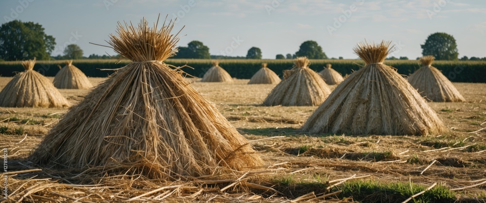 Poster stalks of straw bales arranged in conical shapes on a harvested field under a clear blue sky with di