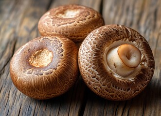 Close-up of fresh brown shiitake mushrooms on a rustic wooden table, showcasing their rich texture and earthy tones.