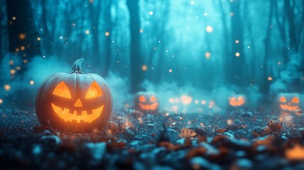 Jack o lanterns in spooky forest with candy on the ground.
