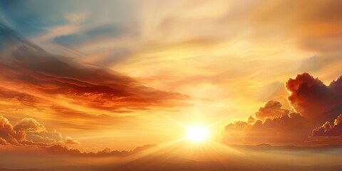 Obraz premium A vibrant sunset paints the sky in hues of orange, pink, and blue, casting a serene ambiance over the horizon.