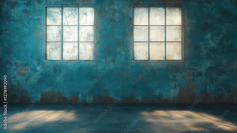 Poster interior of a weathered teal room with two gridded windows casting light on the floor creating a moo