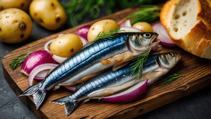 Fresh fish with potatoes, red onions, and bread on a wooden cutting board with herbs arranged aesthetically