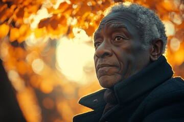 Portrait of an elderly man reflecting under autumn leaves in a warm golden light