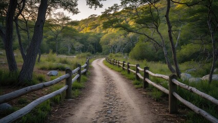 Fototapeta premium Dirt path winding through a lush green forest with wooden fencing on either side during golden hour lighting