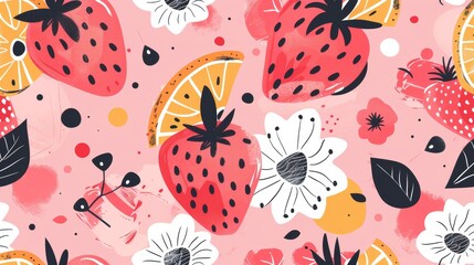 Pink strawberry and orange fruit pattern with flowers
