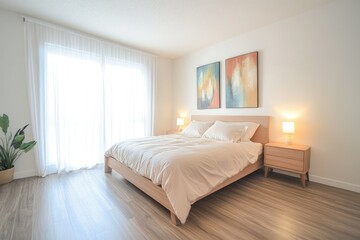 Bright Modern Bedroom With Wooden Bed And Artwork