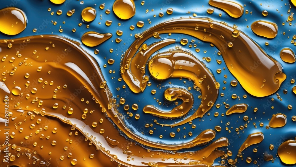 Poster abstract close-up of colorful liquid droplets in a spiral pattern with blue and gold hues creating a