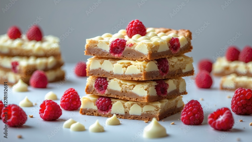 Aufkleber raspberry dessert bars layered with white chocolate and raspberry pieces arranged on a light backgro