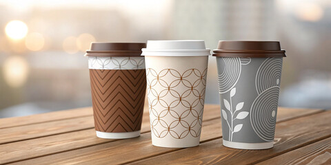 A Set of Brown, White, and Gray Coffee Cups for Stylish Beverage Presentation