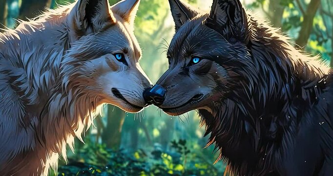 Two wolves, heads close, forest background, artistic, possible use for nature/wildlife print