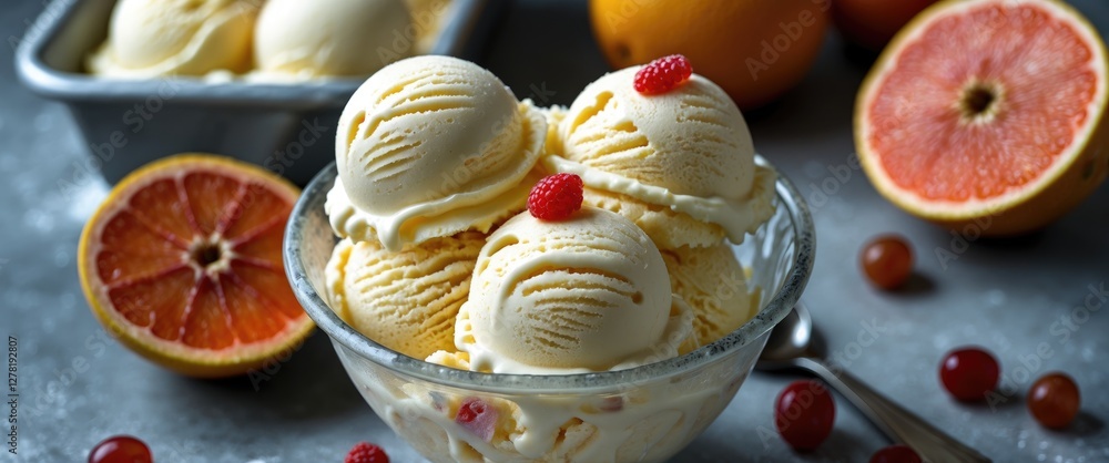 Poster bowl of vanilla ice cream scoops garnished with red raspberry and surrounded by fresh oranges and ch