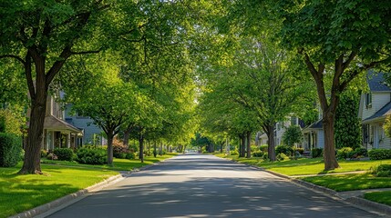 Obraz premium Serene Tree-Lined Residential Street With Abundant Greenery