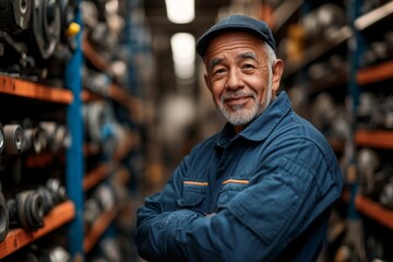 Experienced technician smiles in a workshop filled with machinery parts during daylight hours