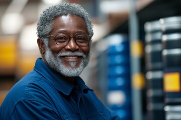 Fototapeta premium Smiling older man in blue workwear in a storage facility during daylight hours