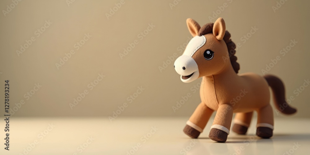 Poster plush toy horse on a light surface with a neutral background in a playful pose creating a cheerful a