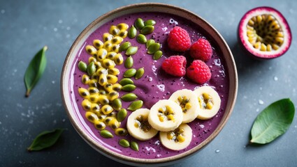 Bowl of acai smoothie topped with banana slices, raspberries, passion fruit seeds and pumpkin seeds on grey surface