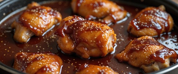 Grilled chicken thighs glazed with barbecue sauce and sprinkled with sesame seeds on a black plate