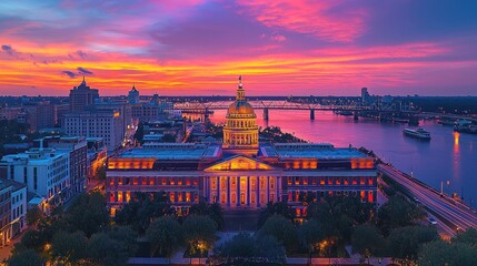 Fototapeta premium Stunning sunset over a city skyline with a historic building and river view