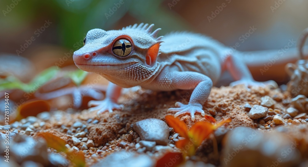 Poster close-up of a unique gecko with vibrant coloration and distinctive patterns on its skin, situated on
