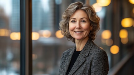 A smiling mature businesswoman wearing a suit by a window
