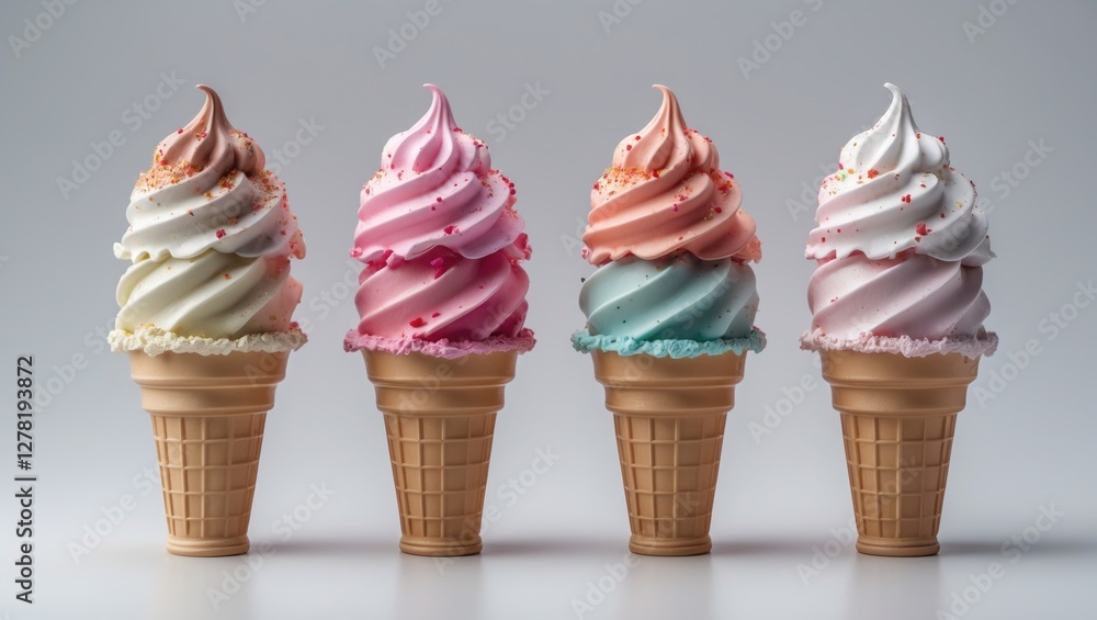 Poster assorted colorful soft serve ice cream cones arranged in a row on a plain background