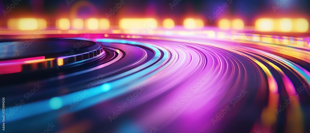Poster a vibrant, abstract image showcasing colorful light trails and circular patterns, evoking a sense of