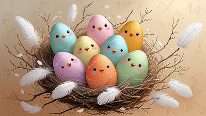 Colorful easter eggs with chick faces resting in a nest decorated with feathers and twigs