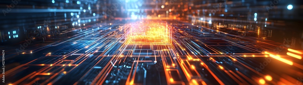 Leinwandbilder Dynamic Futuristic Digital Abstract Background with Luminous Neon Lights and Glowing Data Flow Patterns  Bright and vibrant visual design with high tech circuit board like elements