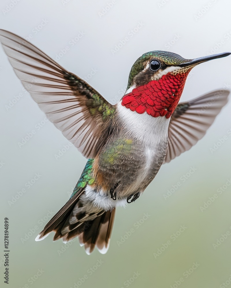 Poster ruby throated hummingbird in flight displaying vibrant plumage against a soft background in natural 