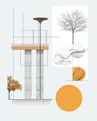 Modern Abstract Architecture with Geometric Shapes and Minimalist Trees in Autumn