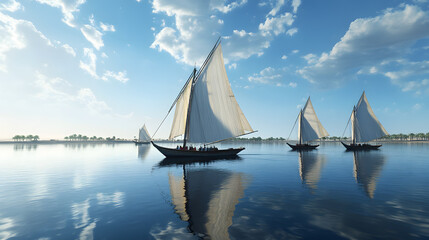 Obraz premium Serene sailboats on calm water, three vessels gliding peacefully, soft reflections, tranquil atmosphere, perfect for relaxation themes.