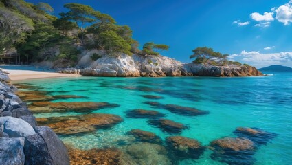 Fototapeta premium Tropical beach with clear turquoise waters, rocky shoreline, and vibrant green trees under a blue sky with clouds