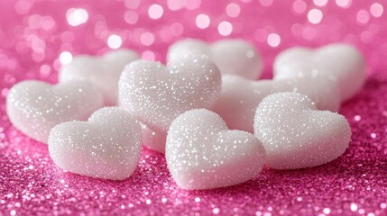 Fototapeta premium White Glittery Hearts on Pink Sparkle Background