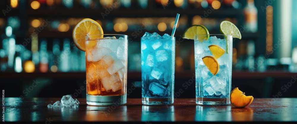 Poster three colorful cocktails with ice and citrus garnishes displayed on a bar counter with a blurred bac